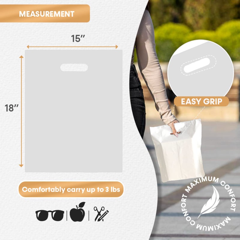 Bags4U أكياس البضائع، مقابض مقطوعة، أكياس قوية، متينة، ومقاومة للتمزق مثالية للبيع بالتجزئة، المتاجر، أو أي فعاليات، بأحجام وألوان مختلفة (أبيض، 15x18 بوصة (عبوة من 100)) - Image 2